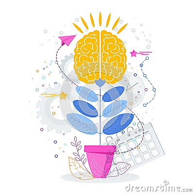 Brain grows in a flower pot like a plant. Vector Illustration