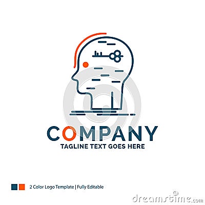 brain, hack, hacking, key, mind Logo Design. Blue and Orange Bra Vector Illustration