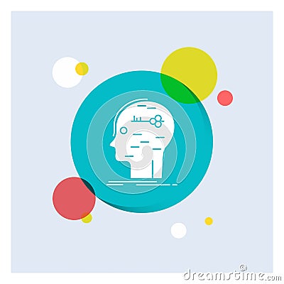 brain, hack, hacking, key, mind White Glyph Icon colorful Circle Background Vector Illustration