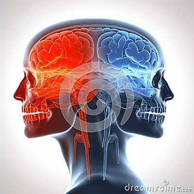 brain head medicine blue headache x-ray pain medical anatomy red. Generative AI. Cartoon Illustration
