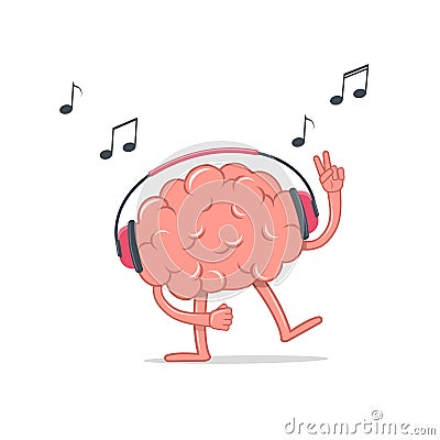 The brain in the headphones dances and sings. The concept of relax and healthy lifestyle. Vector Illustration