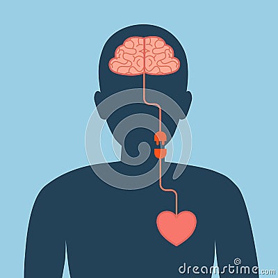 Brain and heart electric plug connection interaction concept. Connection between logic and emotion idea Vector Illustration