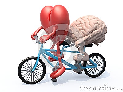 Brain and heart riding tandem bicycle Cartoon Illustration