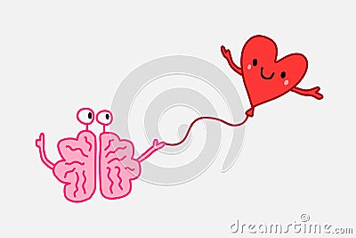 Brain holding heart hand drawn illustration in cartoon style Cartoon Illustration