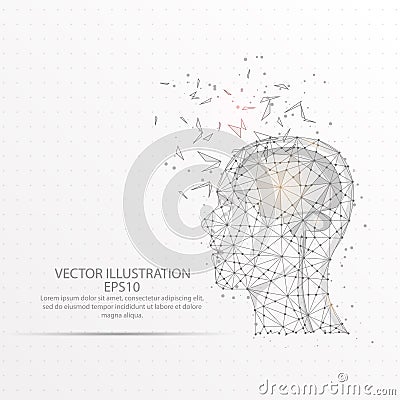 Brain with human head low poly wire frame on white background. Vector Illustration