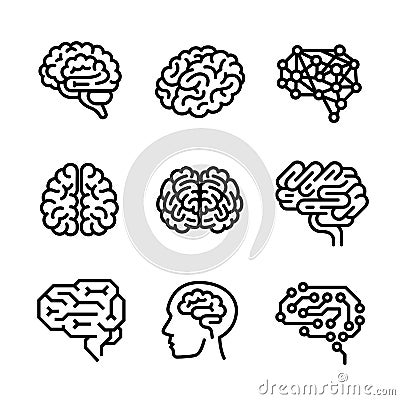 Brain icon set, outline style Vector Illustration