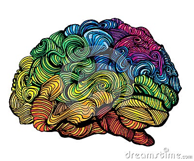 Brain Idea illustration. Doodle vector concept about human brain. Creative illustration with colored brain and grey Vector Illustration