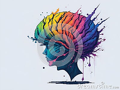 Brain illustration watercolor vivid colorful splashes style. Mental health awareness month. Ai Generated Cartoon Illustration