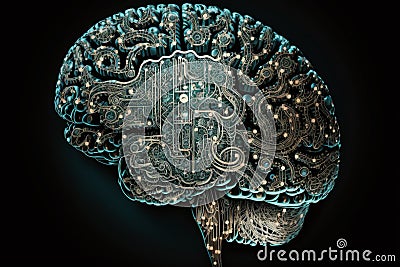 Brain Implanted with Artificial Inteligence microchips. Ai brain. Human brain implanted with Ai microchip. Ai generated Cartoon Illustration