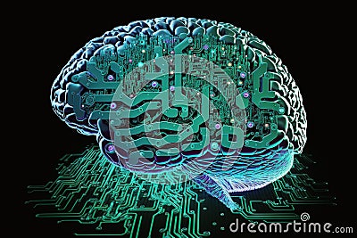 Brain Implanted with Artificial Inteligence microchips. Ai brain. Human brain implanted with Ai microchip. Ai generated Cartoon Illustration