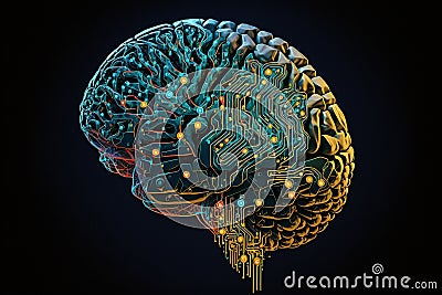 Brain Implanted with Artificial Inteligence microchips. Ai brain. Human brain implanted with Ai microchip. Ai generated Cartoon Illustration
