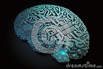 Brain Implanted with Artificial Inteligence microchips. Ai brain. Human brain implanted with Ai microchip. Ai generated Cartoon Illustration