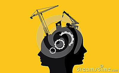 Brain intelligence development concept with sillhouette two human head Vector Illustration