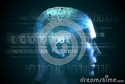 Brain interface in blue with binary code Stock Photo