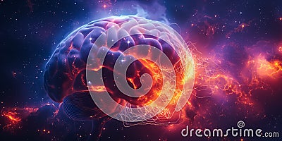Brain with interstellar connections symbolizing complex neural networks against a cosmic backdrop. Stellar Synapse Network Stock Photo