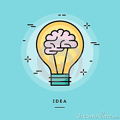 Brain in the light bulb as a metaphor for idea, line flat design Cartoon Illustration