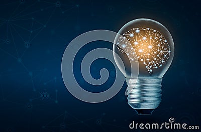 Brain light bulb human brain glowing inside of light bulb on dark blue background Stock Photo