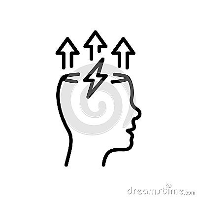 Brain and Lightning Bolt Line Icon. Stress, Creative Mind, Headache Linear Pictogram. Creativity Think, Smart Brainstorm Vector Illustration