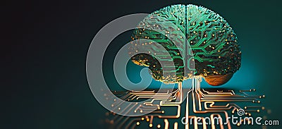 Brain made of circuits in the center of the motherboard, artificial intelligence concept, brain to computer interface Generative Stock Photo