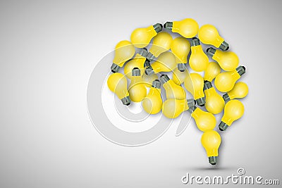 The brain make from many yellow light bulb on gray background. Stock Photo