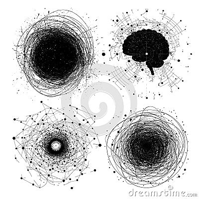Brain map thoughts ink sketch vector concepts. Tangle doodle route path lines imagination complex thinking process Vector Illustration