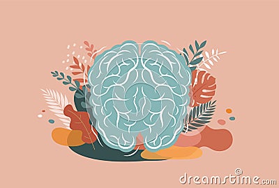 Brain, mind and mindfulness concept illustration. Vector background and poster with leaves and nature Vector Illustration