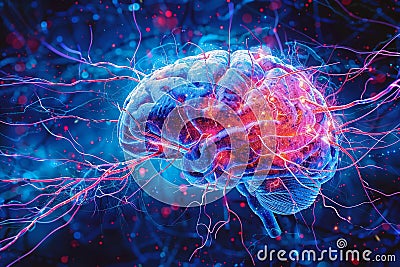 Brain Neurons In Blue and Pink Tones. Neural Connections And Synaptic Activity. AI Generated Stock Photo