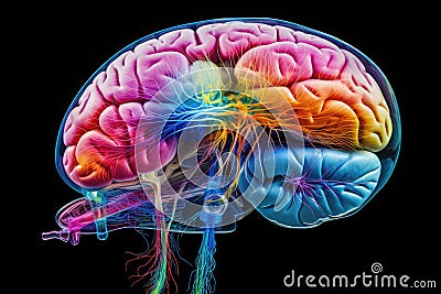 Brain Neurons send signals via axons & dendrites, creating synapses. Neurotransmitters aid mind neuro communication. Ion channels. Cartoon Illustration