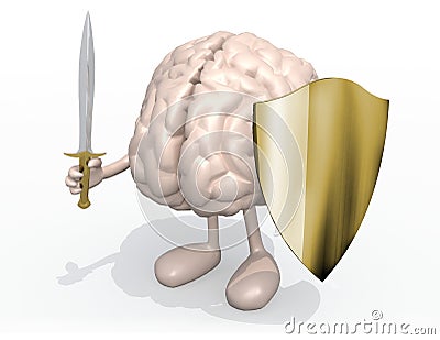Brain organ with sword and shield Cartoon Illustration