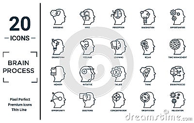 brain.process linear icon set. includes thin line dreaming, brainstorm, memory, opportunity, relaxation, learning, brain process Vector Illustration