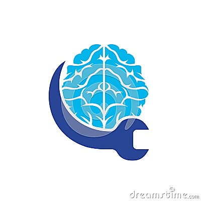 Brain repair vector logo design. Brain and wrench icon logo design. Vector Illustration