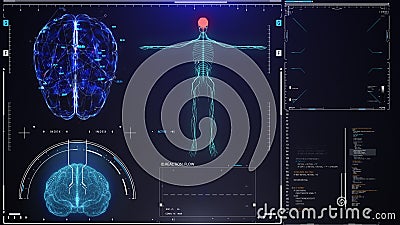 Brain scan screen animation. Screen with various parameters measured. Medical screen interface. Holographic medical Stock Photo
