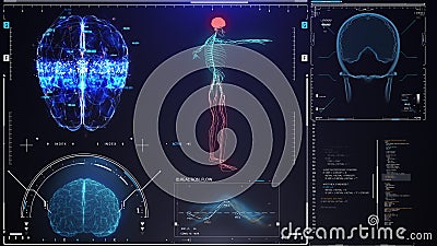 Brain scan screen animation. Screen with various parameters measured. Medical screen interface. Holographic medical Stock Photo