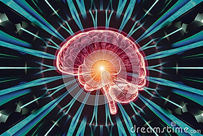 Brain scans in transcendence, psychedelic shapes emanate from mind Stock Photo