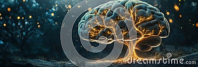 A brain seamlessly evolves into a tree, showcasing intricate glowing neural branches and roots that symbolize growth and Stock Photo