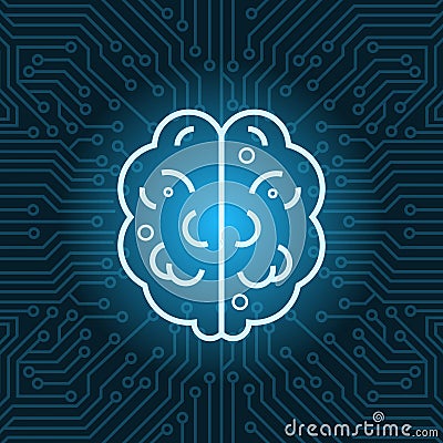 Brain Shape Icon Over Blue Circuit Motherboard Background Top View Vector Illustration