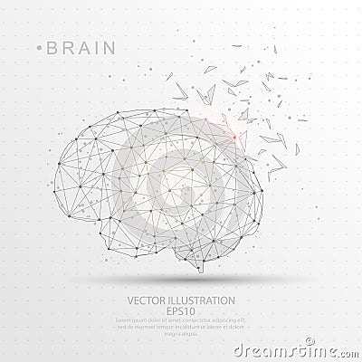 Brain shape digitally drawn low poly wire frame. Vector Illustration