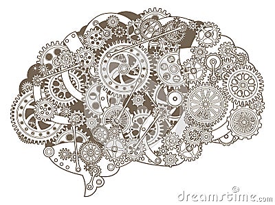 Brain silhouette with retro gears. Creative intellect illustration Cartoon Illustration