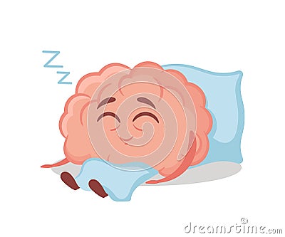 Brain Sleep, Funny Cartoon Character Lying on Pillow Relax and Dream after Work or Studying Isolated on White Background Vector Illustration