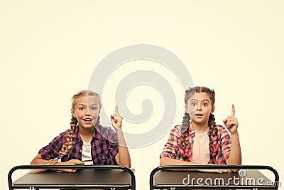 Brain storming. Idea concept. Students classmates sit desk. Back to school. Private school concept. Elementary school Stock Photo