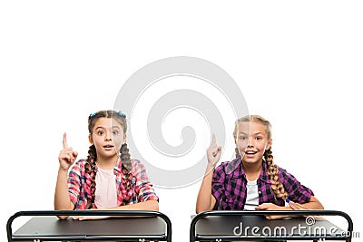 Brain storming. Idea concept. Students classmates sit desk. Back to school. Private school concept. Elementary school Stock Photo