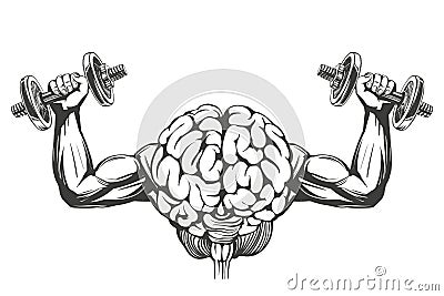 Brain with strong hands, brain training, icon cartoon hand drawn vector illustration sketch Vector Illustration
