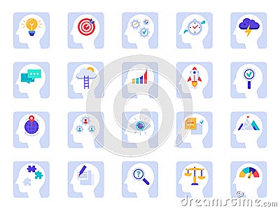 Brain thinking process icons. Business idea, success solution in businessman head and human brains psychology flat icon Vector Illustration