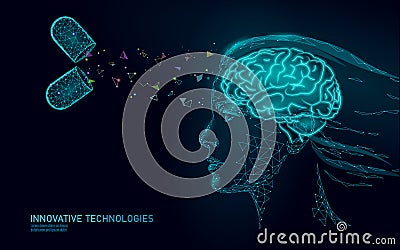 Brain treatment low poly 3D render. Drug nootropic human ability stimulant smart mental health. Medicine cognitive Vector Illustration