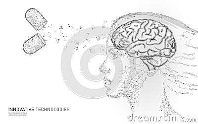 Brain treatment low poly 3D render. Drug nootropic human ability stimulant smart mental health. Medicine cognitive Vector Illustration