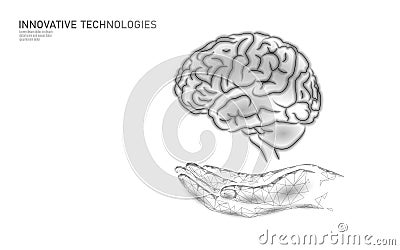 Brain treatment low poly 3D render. Medicine care hand drug mental health concept. Cognitive rehabilitation in Alzheimer Vector Illustration
