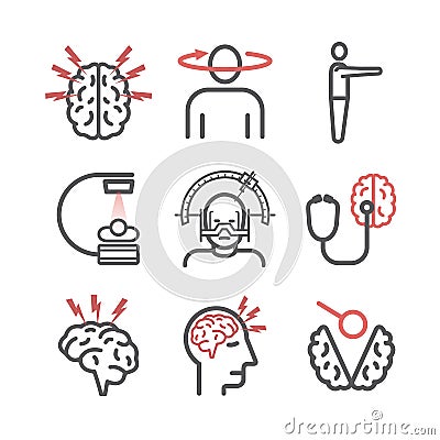 Brain Tumor. Line icons. Cancer. Symptoms. Vector signs Vector Illustration