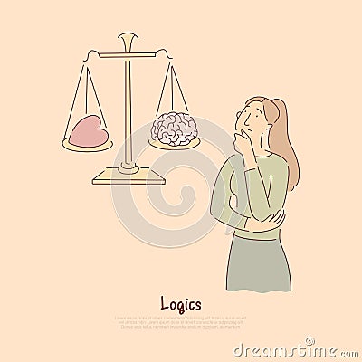 Brain vs heart on scales, logical thinking versus emotional reaction metaphor banner Vector Illustration