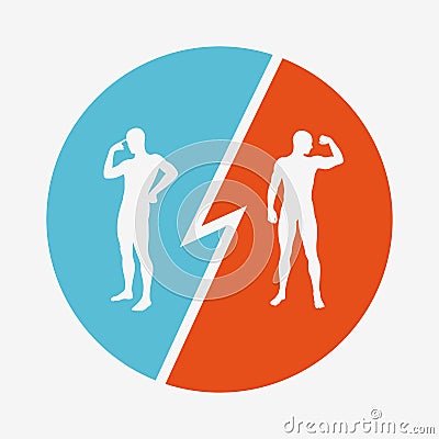 Brain vs strength. Conflict of interest. The concept of rivalry. Silhouettes of two men. Vector Illustration