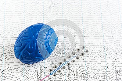 Brain waves recording electrodes and brain model Stock Photo